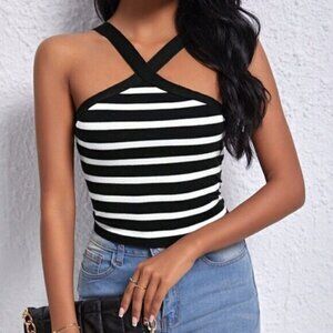 Black & White Boho Womens Striped Print Halter Top
